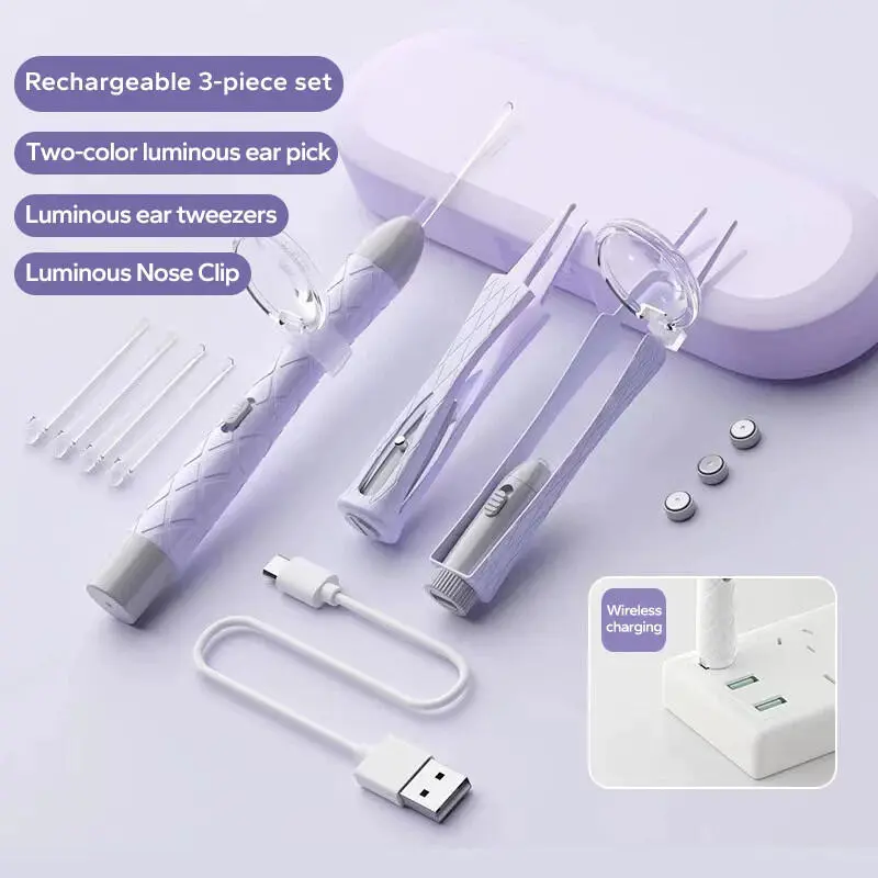 New 3 Pcs Luminous Spoon Set Wax Removal Cleaning Tweezers LED Light Earpick Nose Clip Children Adults Ear Care Tools Kit Stainless Steel Ear Wax Removal Kit HD Silicone Ear Cleaner Camera Otoscope