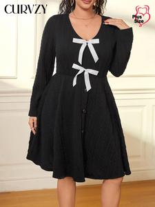 CURVZY Plus Size Bow Decor V Neck A Line Dress, Casual Long Sleeve Dress for Spring & Fall, Women's Clothes for Daily Wear