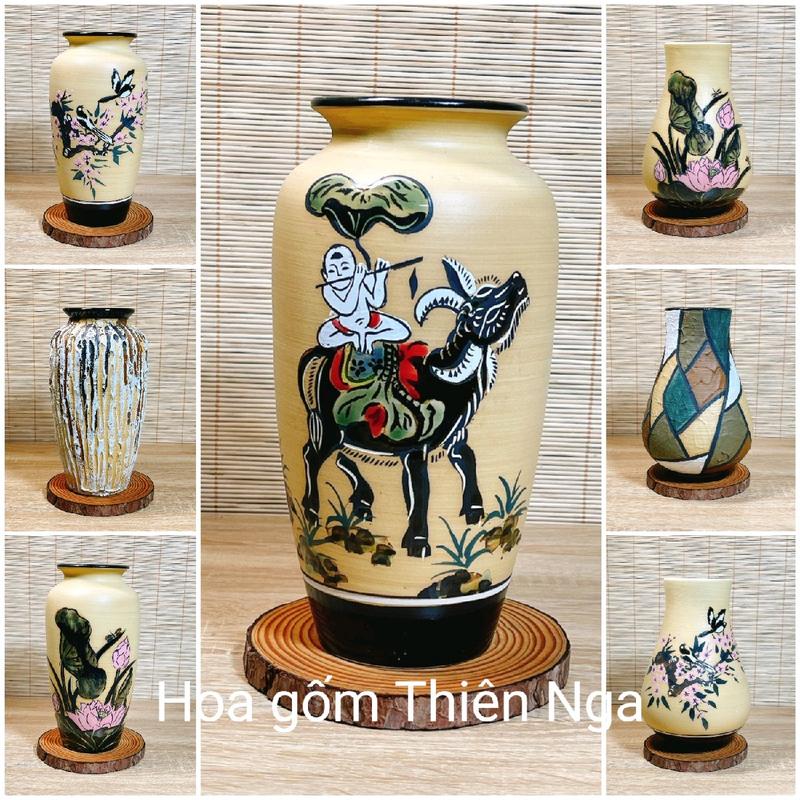  Bình gốm cắm hoa men khô Bát Tràng nhiều họa tiết cao 25cm 
