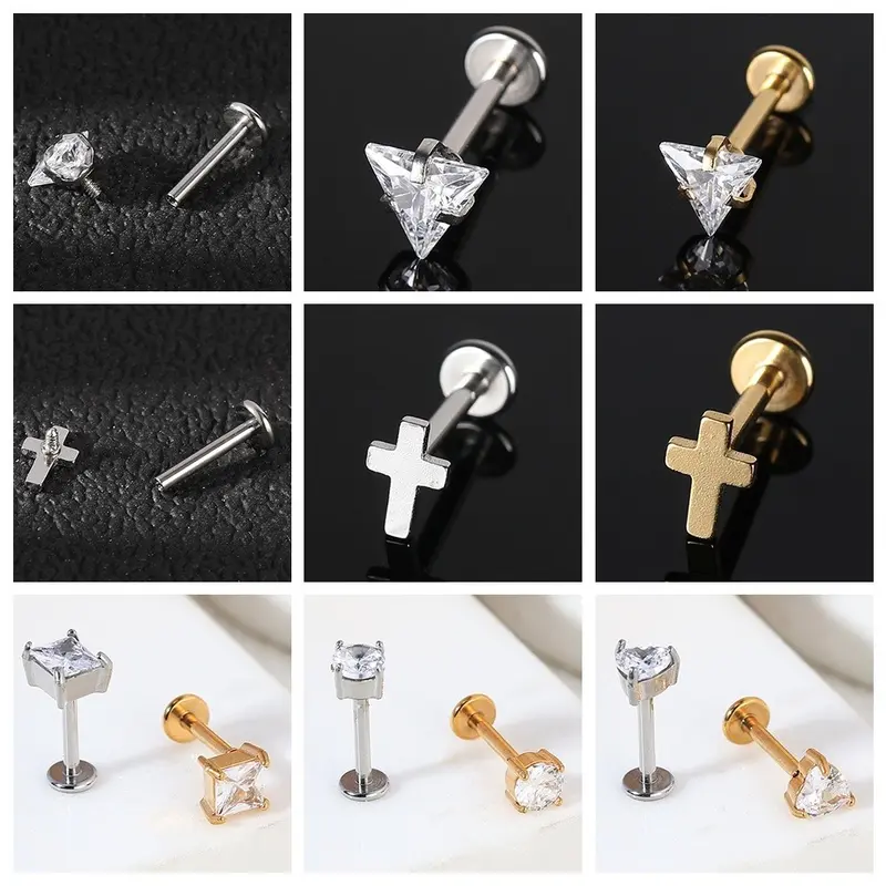 1Pc Stainless Steel Lip Piercings Love Shape Labret Piercings Geometric Crystal Stud Earrings Internal Spiral Labret Piercings 8