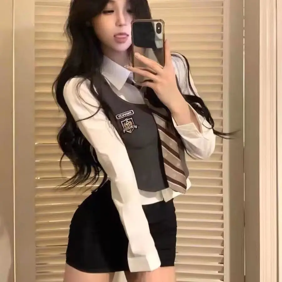 [pencil skirt outfits]Korean Style JK Uniform Three-Piece Set 2024 Spring and Autumn Slimming Shirt Knitted Vest American College Style Hip Skirt Suit
