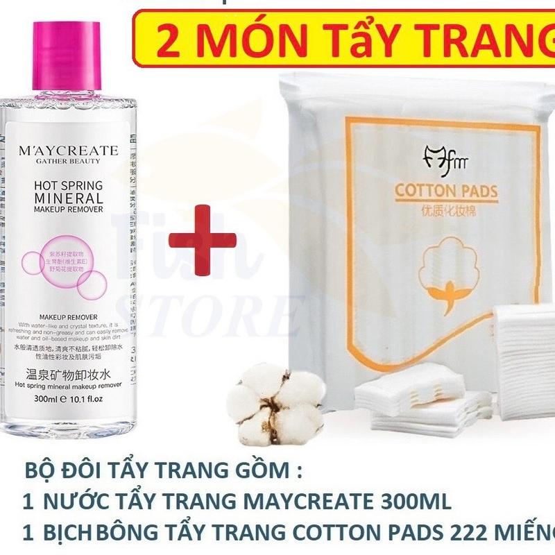 Bộ đôi tẩy trang gồm nước tẩy trang maycreate 300ml và 1 bich bông tẩy trang mèo fm 222 miếng