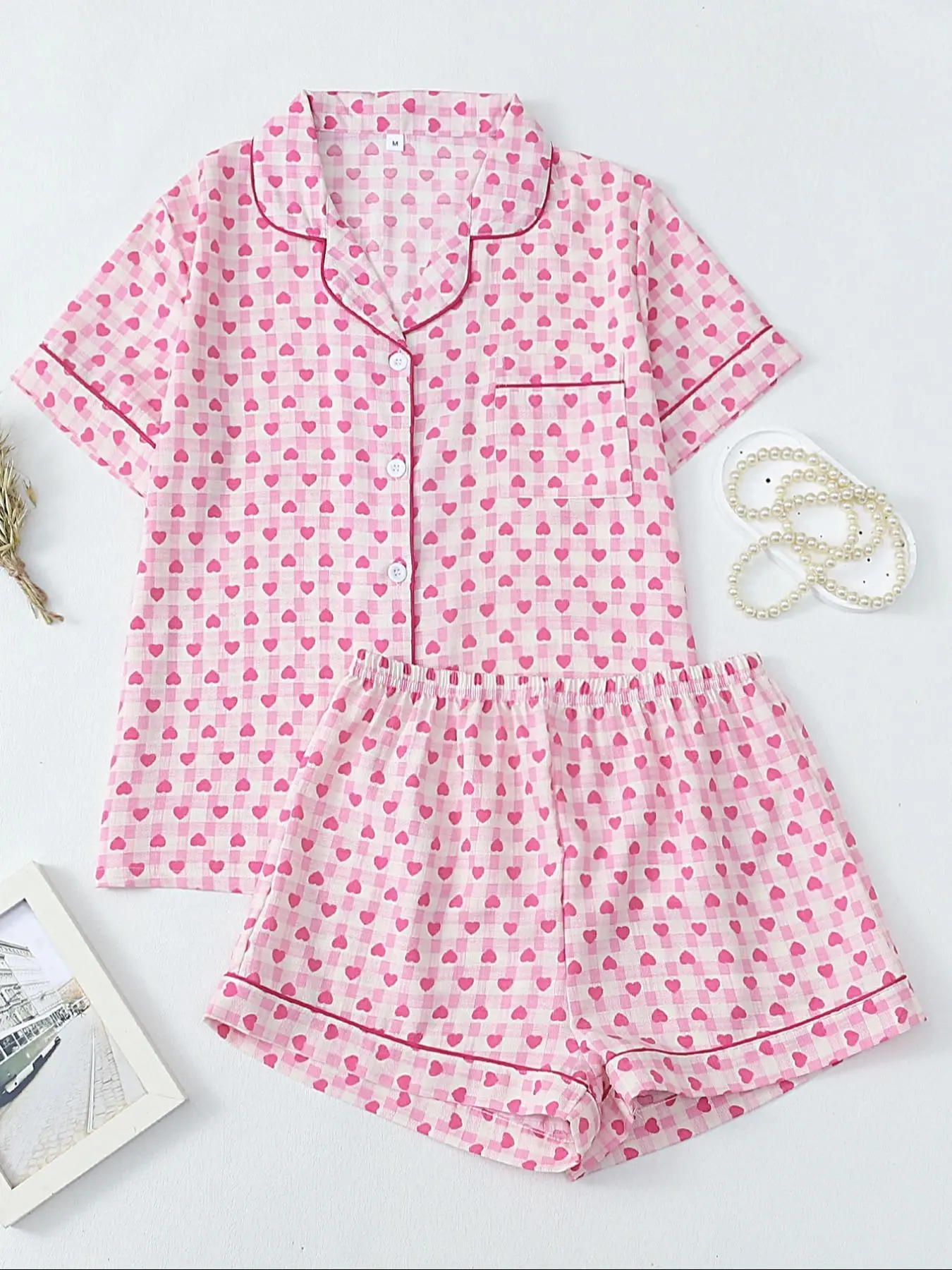 Women's Heart Print Short Sleeve Top & Shorts Pyjama Two-piece Set, Casual Comfy Top & Shorts Set, Ladies Sleepwear for All Seasons