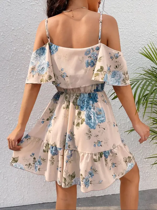Women's Floral Print Cold Shoulder Ruffle A Line Dress, Boho Flounce Sleeve Short Dress for Beach Holiday Vacation, Ladies Summer Clothes 6