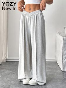 YOZY Women's Plain Asymmetrical Hem Wide Leg Sweatpants, Casual Elastic Waist Trousers for Daily Wear, Ladies Bottoms for All Seasons