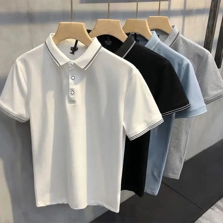 Áo Polo Nam Sọc, Cổ Bẻ Áo, Ngắn Tay, Phong Cách Cổ Điển Anh Dễ Phối Đồ Thường Ngày Áo Thun Học Sinh, Dáng Ôm, Áo Polo