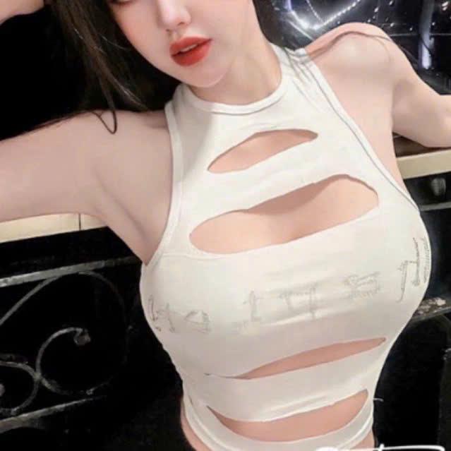 Áo thun ba lỗ cắt out ngực sexy đính hạt cườm đá lấp lánh thun bozip sát nách croptop