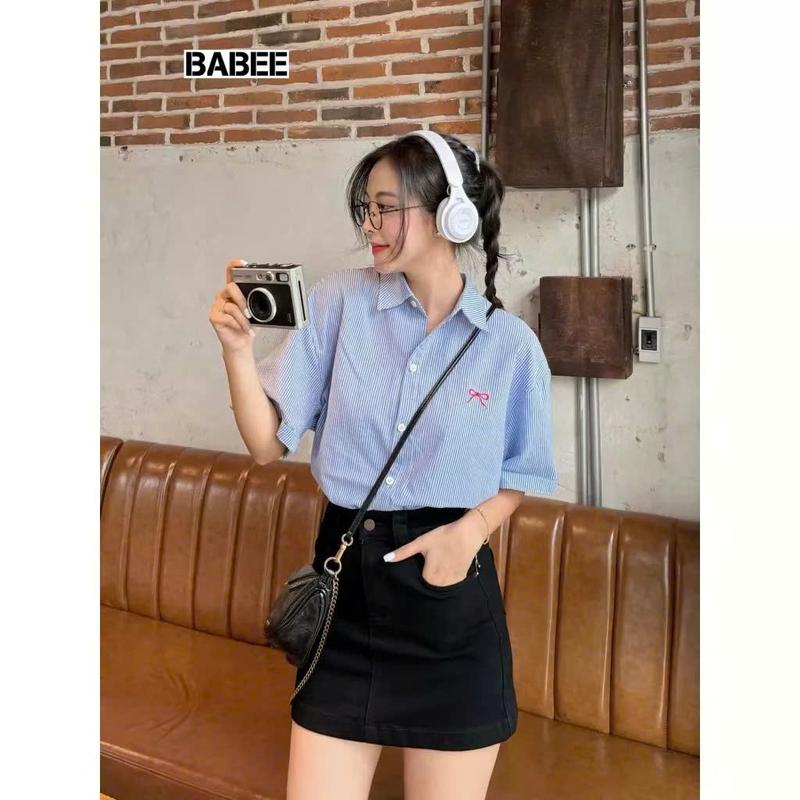 [ A18 ] Áo Sơ Mi Nữ Ngắn Tay Form Rộng Kẻ Sọc Thêu Nơ Phong Cách Hàn Quốc Qiho Women Top