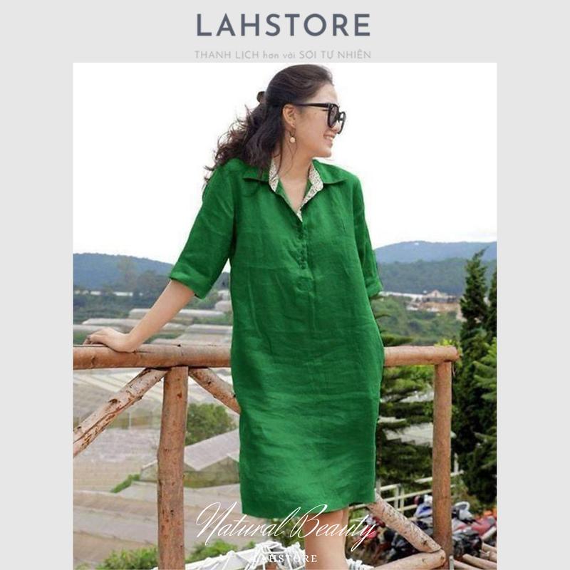 Đầm suông linen LAHSTORE chất linen mềm mát, cổ đức phối nẹp pha cao cấp sang trọng (Đen) Nữ Dress 6