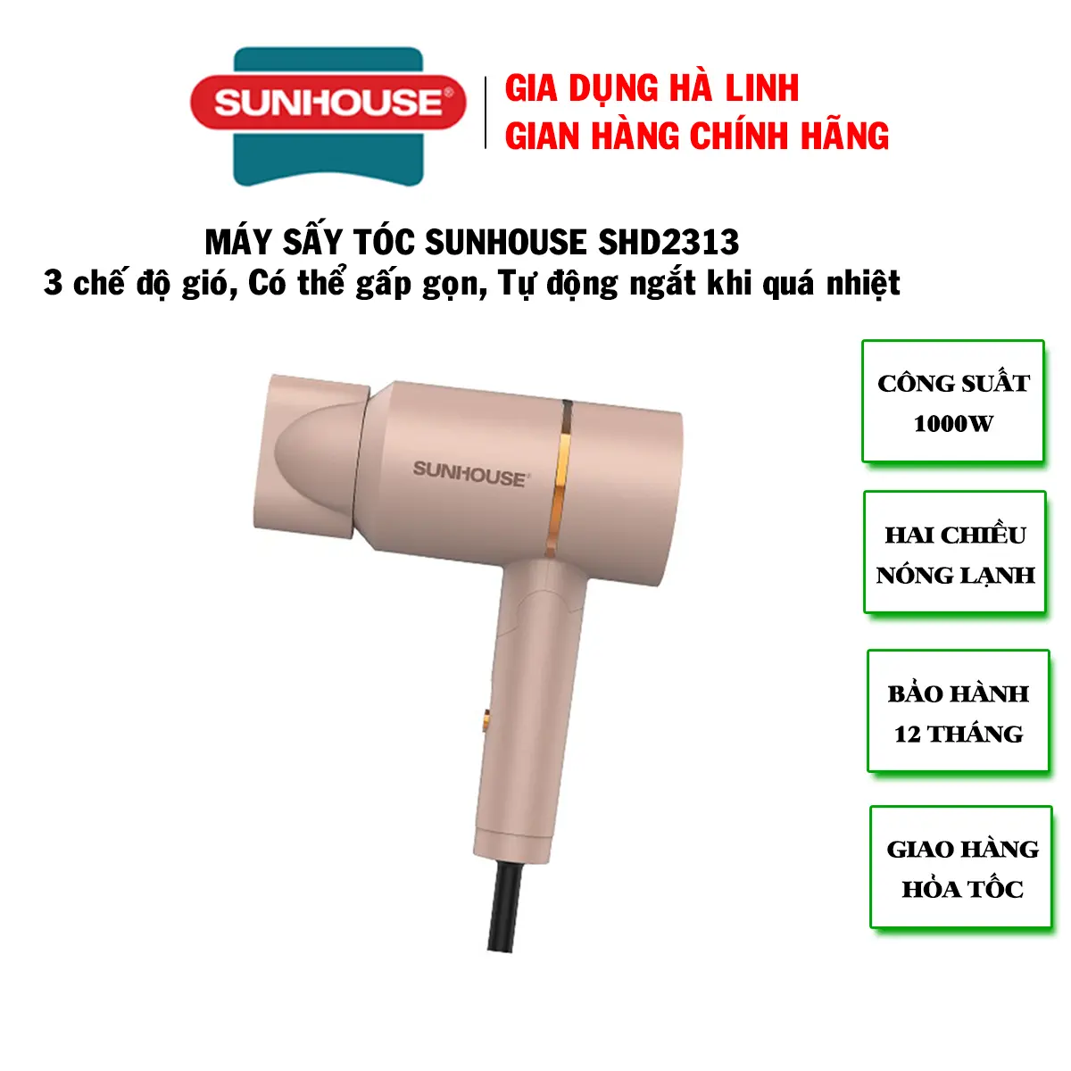 Máy sấy tóc Sunhouse SHD2313, Thiết kế đơn giản, tay cầm gấp gọn, Tự động tắt khi quá tải, giúp an toàn cho người sử dụng Nữ Women