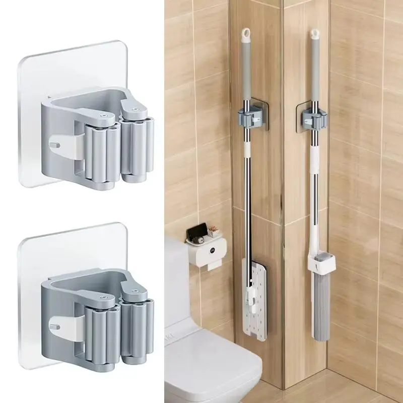 Gray Bathroom Storage Rack Mop Clip Wall Hanging Mop Rack Mop Holder Wall Mounted Mop Organizer Broom Hanger Seldhesive Hooks Tool Smooth Hangable