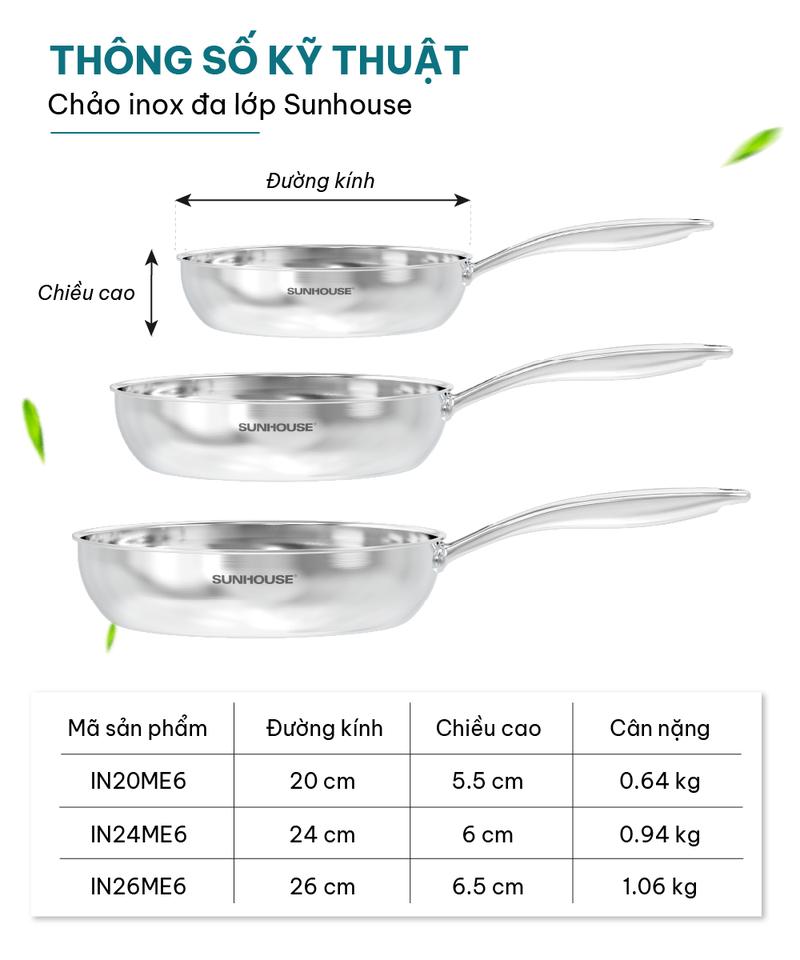Product Introduction of [Phiên Bản Cải Tiến] Chảo inox đa lớp liền khối đáy từ Sunhouse IN20-24-26M6E  Lòng chảo inox 304 an toàn cho sức khỏe - Đáy từ dùng cho mọi loại bếp 8
