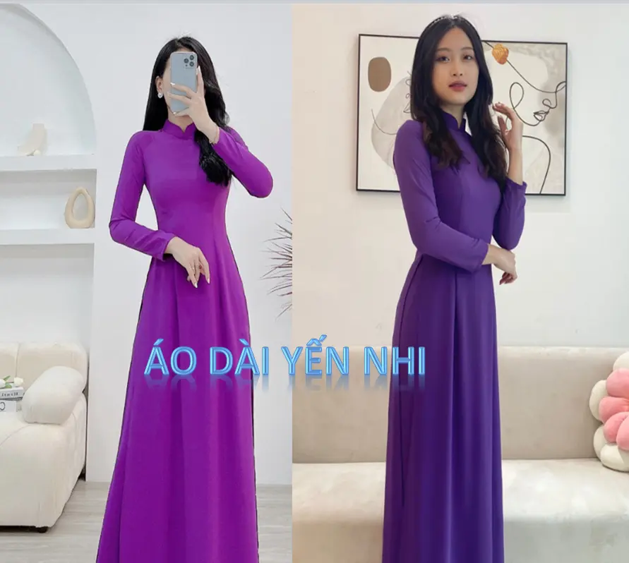 Áo dài trơn truyền thống tím Huế cho phụ nữ chất liệu lụa mỹ, mềm mịn co giãn đa chiều Women Dress Tim