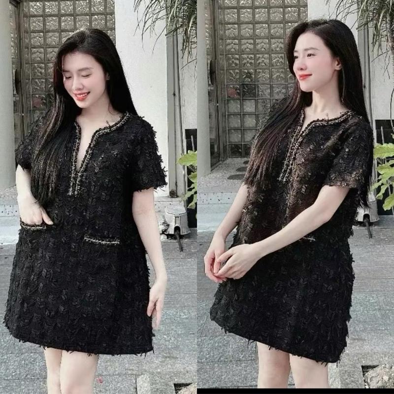 đầm dạ VDX1950-  xù tay ngắn 2 lớp phối túi 2 bên xẻ cổ V dáng xuông BIGSIZE Nữ