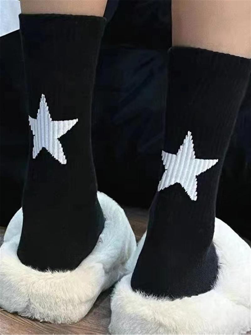 Product Introduction of Women's 6 Pairs Star Print Crew Socks, Mid-calf Socks, Ribbed Knit Mid Tube Socks, Multi-pack Mid Tube Socks for Women, Women's Socks & Hosiery 2