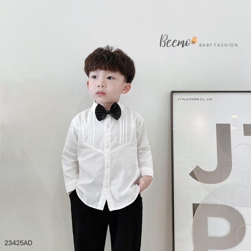 Áo sơ mi dài tay Beemo cho bé trai xếp li nổi tặng kèm nơ vải thô Hàn cao cấp mặc đi học đi chơi 23425AD