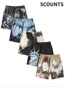 Men's Floral & Statue Of Liberty Print Shorts, Regular Fit Casual Comfy Breathable Shorts, Men's Underwear for Summer