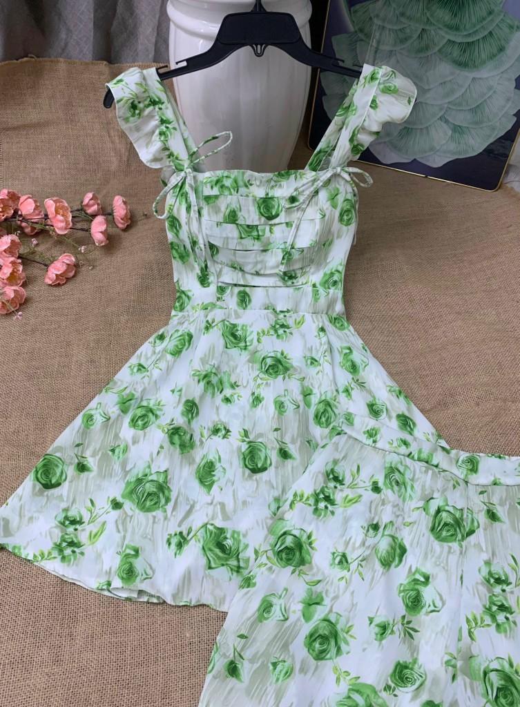Product Introduction of Set đầm ngắn cánh tiên cột nơ, có mút. Dáng trên gối (kèm quần) 24
