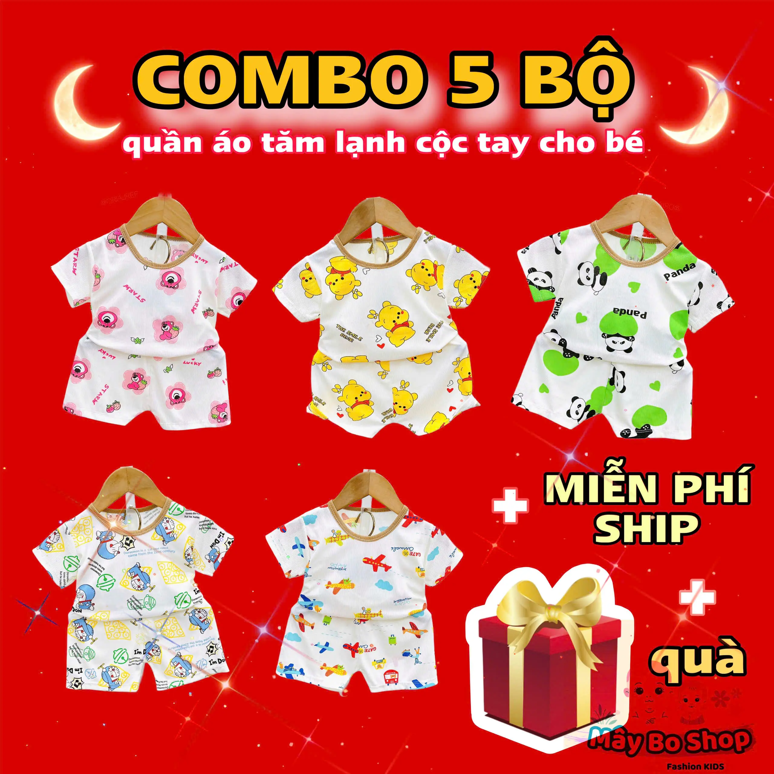 COMBO 5 BỘ cộc tay cho bé (có quà tặng), nền kem hoạ tiết đáng yêu chất tăm lạnh 6-16kg