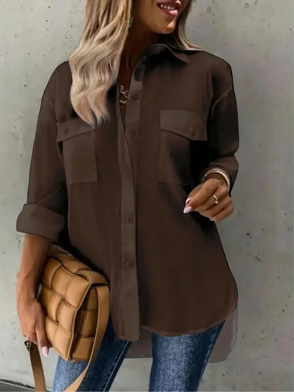 【Plus Size】 Solid Color Rolled Sleeve Button Up Shirt, Casual Curved Hem Top for Spring & Fall, Women's Clothes for Daily Wear 6