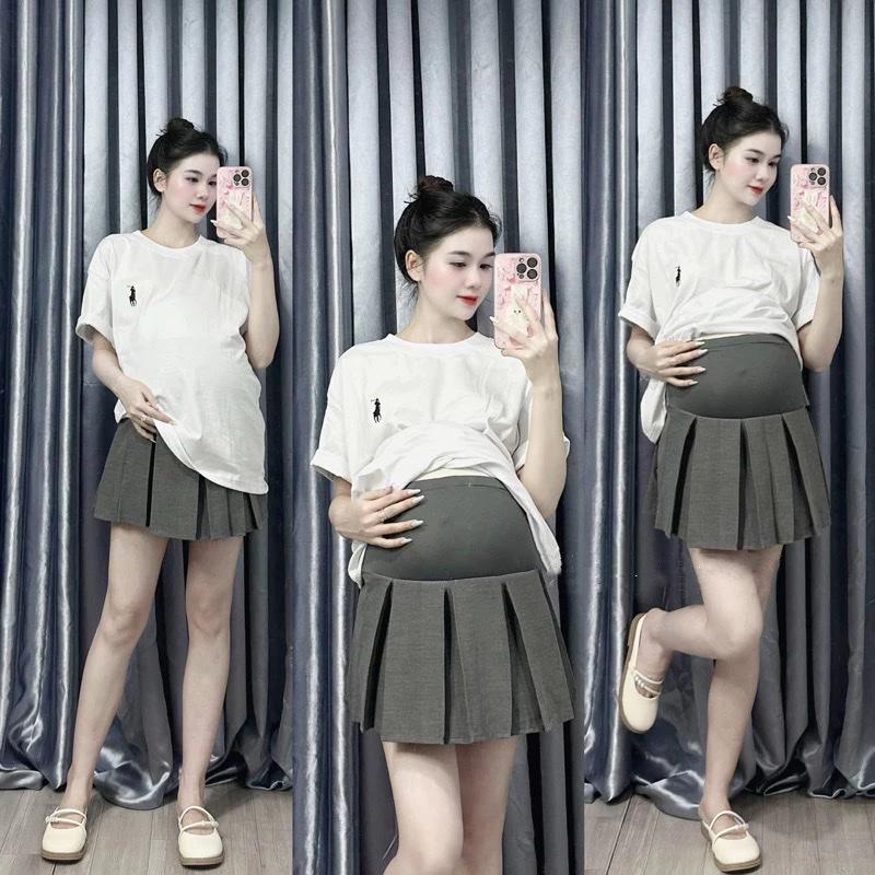 Chân váy bầu xếp li ngắn trên gối có lót trong,có đáp và chun điều chỉnh vòng bụng 0