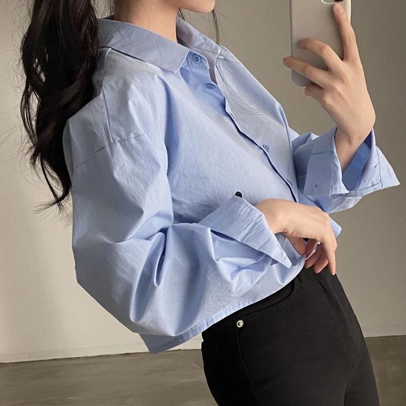 Product Introduction of Fashion Short Shirts Women Korean Chic Loose Solid Color Long Sleeve Crop Tops Female Casual Elegant Button Split Turn Down Collar Blouse 3