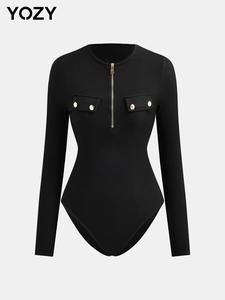 YOZY Women's Solid Half Zip Round Neck Bodysuit, Casual Long Sleeve Bodysuit for Spring & Fall, Women's Clothes for Daily Wear