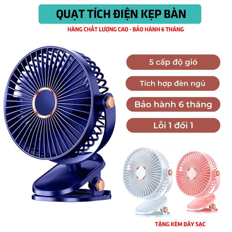 Quạt Tích Điện Mini, Quạt Kẹp Cho Bé, Để Bàn Thích Hợp Văn Phòng, Lớp Học, Xe oto - 5 Cấp Độ Gió Tích Hợp Đèn Ngủ Bảo  Hành 12 Tháng