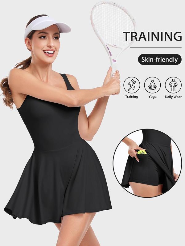 Sporty Women's Plain Twist Cut Out Backless Built-In Shorts Tennis Dress, Sports Sweetheart Neck Pocket Sleeveless Dress for Tennis Golf Workout, Ladies Sportswear for All Seasons Valentine's Day, gift 8
