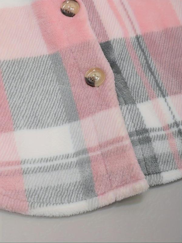Women's Plaid Print Button Front Drop Shoulder Flannel Coat, Elegant Long Sleeve Drawstring Pocket Hooded Jacket for Fall & Winter, Women's Clothing for Daily Wear 6