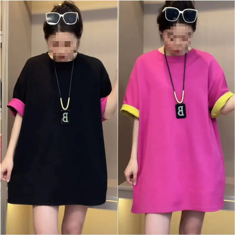 Y(40-80KG)Cuff Stitching Contrast Color, Versatile Loose Solid Color Mid-Length round Neck Shirt Top
