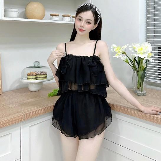 [ BigSize 55kg - 85kg ] Set đùi Von tầng Nơ tiểu thư, kèm tăng chỉnh. áo lửng croptop 2 tầng thời trang, mềm mát. Nhung Nữ Women Kem Thun, set đồ nữ đẹp, đồ ngủ set nữ xesy gợi, đồ ngủ cho nữ