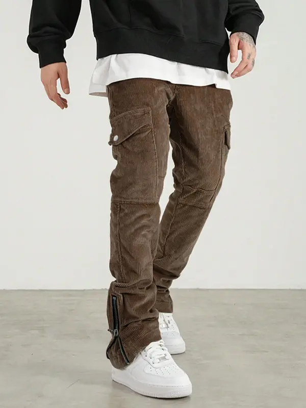 Men's Plain Flap Pocket Drawstring Waist Corduroy Cargo Pants, Regular Fit Street Fashion Zipper Split Trousers For Daily Wear, Men's Bottoms For Fall & Winter 6