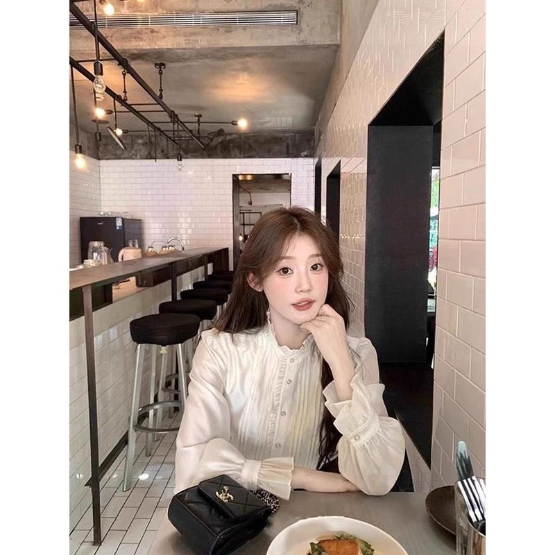 Áo Sơ Mi Phong Cách Cổ Điển Tinh Tế Kiểu Pháp, Cổ Đứng Và Tay Áo Ren Dài, Dành Cho Nữ, Thiết Kế Đặc Biệt, Chống Lão Hóa, Thanh Lịch, Màu Trắng, Thích Hợp Cho Mùa Thu, Phong Cách Hồng Kông, 2024 Top Women 2
