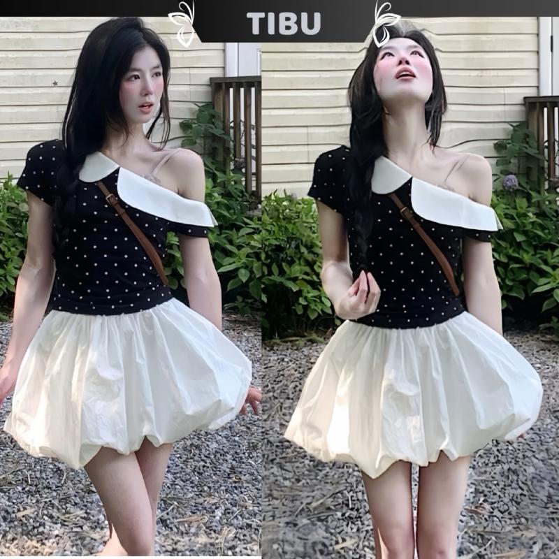 Set Áo Lệch Vai Cổ Sen Phối Chân Váy Bí TIBU Set Đồ Nứ Chấm Bi Dễ Thương Sang Chảnh Đi Chơi Dạo Phố B535