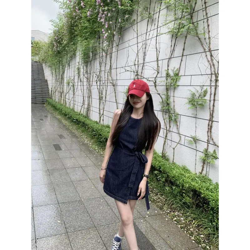 Váy Vest Denim Phong Cách Cổ Điển Thanh Lịch Cô Gái Đầy Đặn, Váy Chữ A Eo Buộc Dây Mùa Hè Cho Nữ, Váy Ngắn Ngoại Cỡ, Bộ Sưu Tập 2024 1