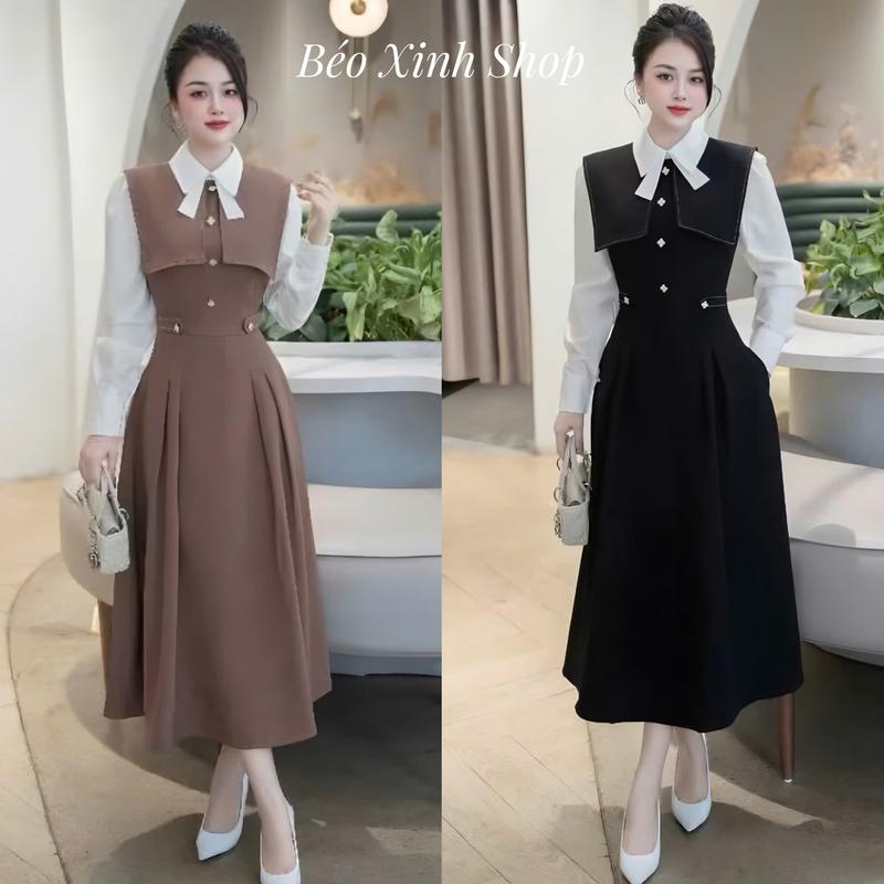 Thời Trang Bigsize Váy Dự Tiệc Phối Cổ Sơzzi Vải Cotton Lạnh Cao Cấp Thanh lịch 50 - 100Kg Nữ Đầm Women - A.1453