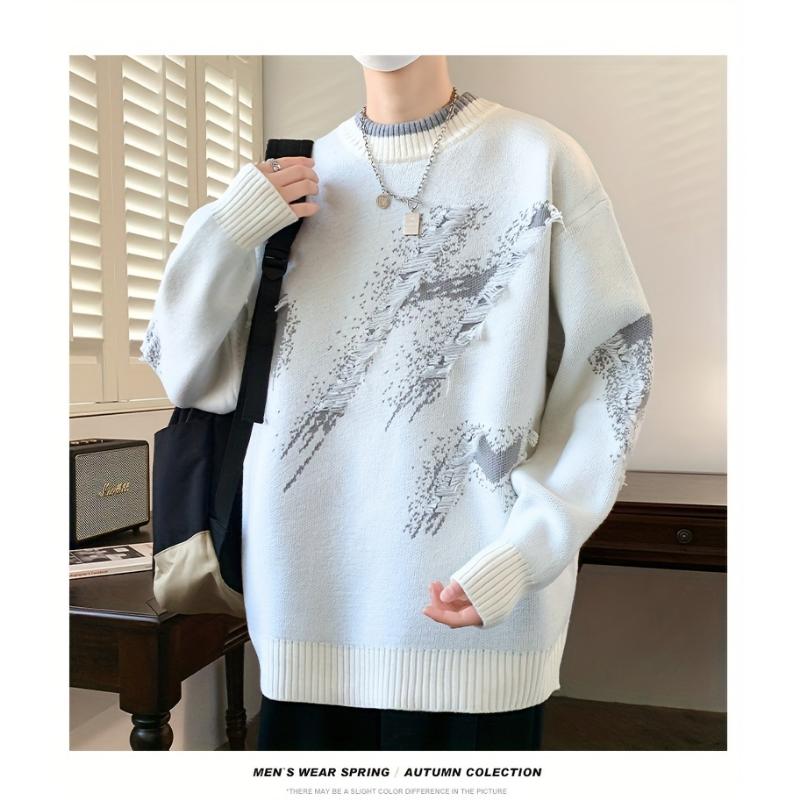 TikTok Shop Cozy Men s Loose Fit Color Block Frayed Knitted Pullover Sweater Soft Casual Long Sleeve Crew Neck Perfect for Fall and Winter Easy to Match Versatile and Warm