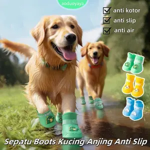[aoduoyaya]4Pcs/Set Sepatu Anjing Kucing Tahan Air Sepatu  Kartun Sepatu Anjing Karet Pet Shoes  Cat Dog Pet Shoes Kain Ikat Sepatu Bot Hujan Silikon