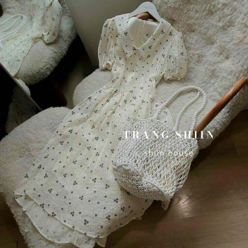 DOAN VAN DUY Bán chạy Đầm Mùa Hè chất xốp có lót có túi xinh xĩu tiểu thư vintage Nữ Women Dress Màu Trắng 6
