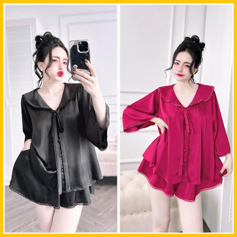 Đồ bộ ngủ pijama đùi tay lỡ dành cho nữ họa tiết trơn chất liệu lụa latin trơn kiểu dáng xòe tiểu thư Áo Ngủ