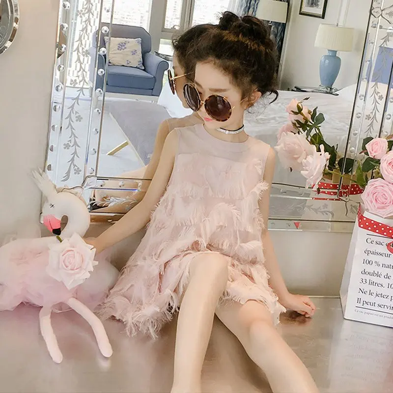 Girls' Dress Summer Children's Feathered Dress Baby Dress Western Style Medium and Big Children Girls' Summer Chiffon Princess Dress