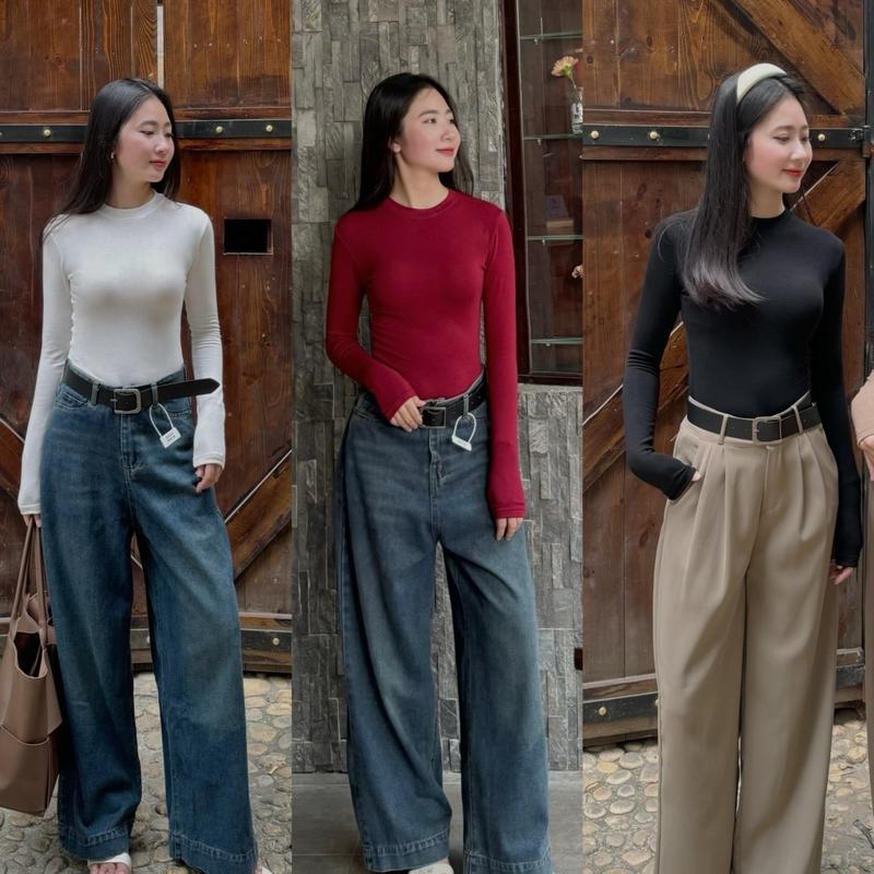 áo thun giấy lông thỏ dài tay cổ tròn QC form ôm co giãn Nữ Top Women