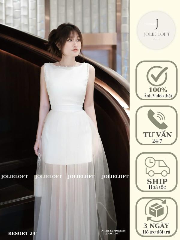 Váy nữ dự tiệc trắng đính đá thiết kế Cara Dress JOLIE LOFT, đầm dáng dài sang trọng đi chơi đi tiệc