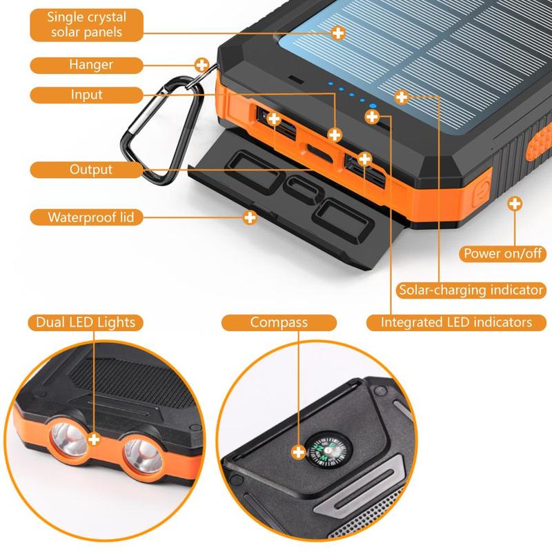 10000mAh Solar Power Bank, Dual USB Output Port Waterproof Power Bank with LED Light, Solar Phone Charger for iPhone & Android, Stocking Fillers Gift, Travel Gadgets, Electronics Accessories 5