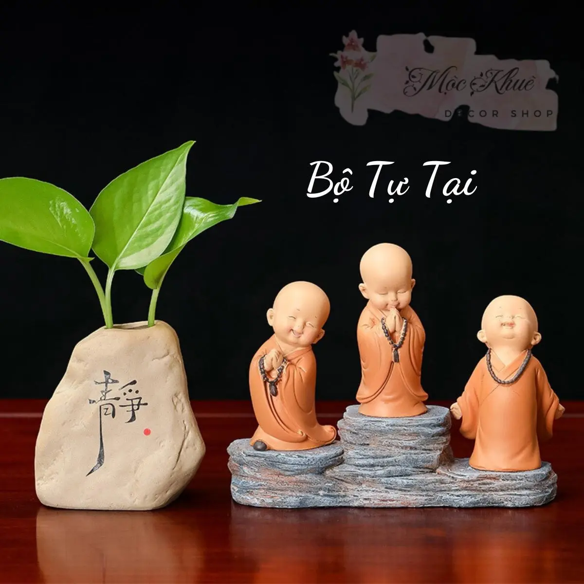 (Mộc Khuê Decor) - Bộ 3 chú tiểu áo nâu yêu đời nhà Mộc Khuê, trang trí nhà cửa, trang trí xe ôtô (mẫu mới) Decor, Decor Phòng (không kèm cây) Đồng gautrang  tri