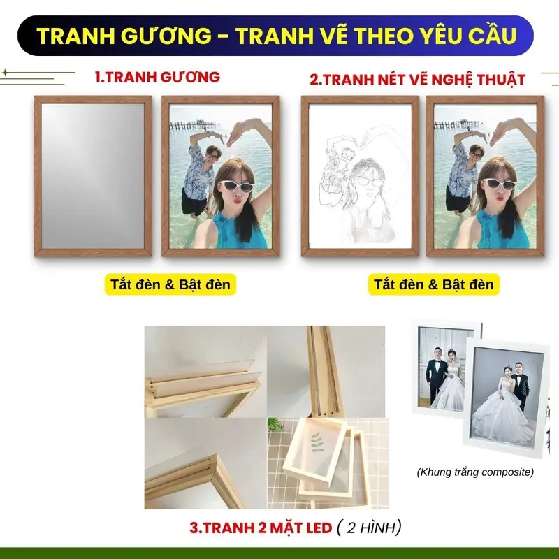 Tranh Led Gương Soi Phát Sáng Theo Yêu Cầu, tranh đèn LED treo tường decor làm quà tặng tình yêu, gương soi bật đèn phát sáng đèn ngủ thông minh 4