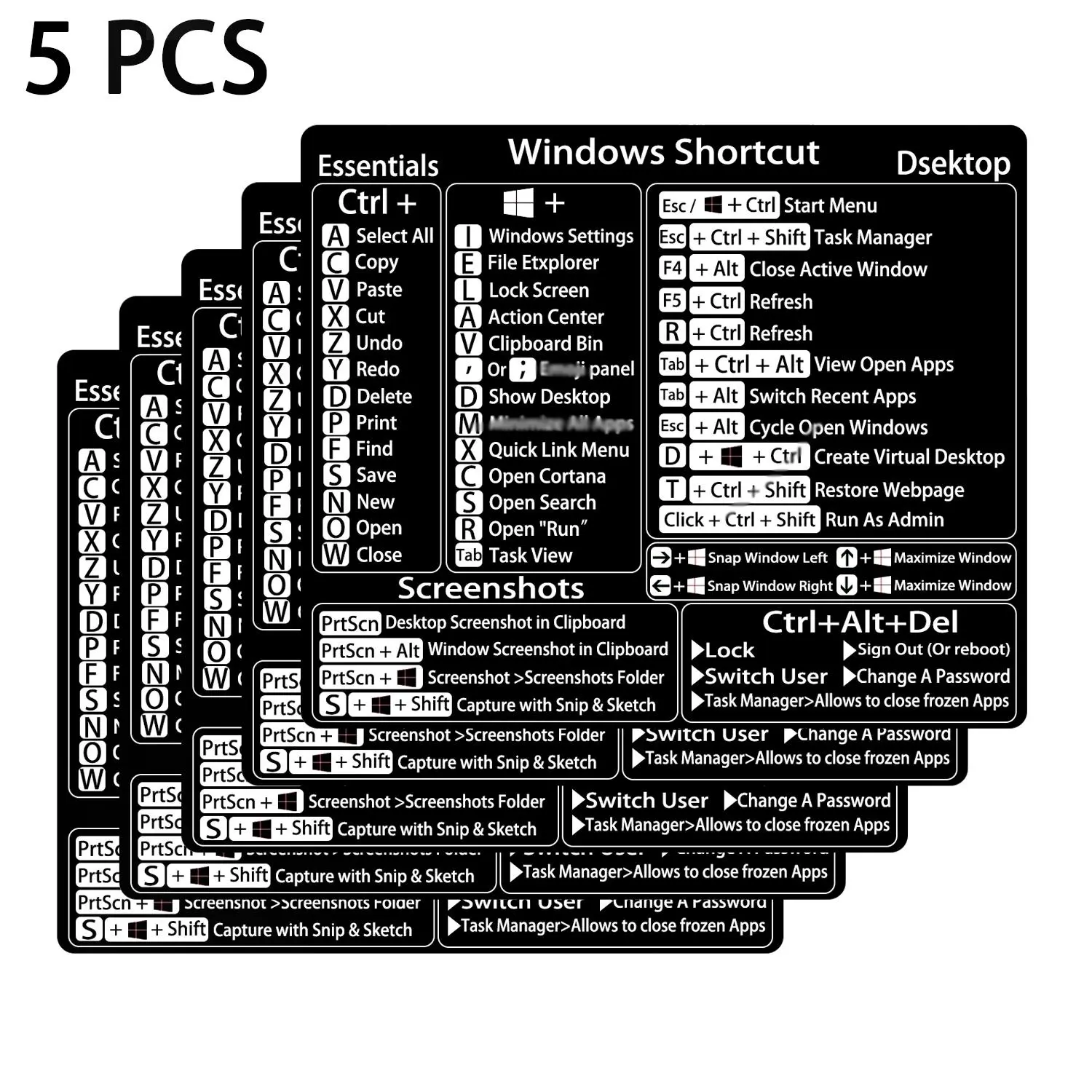 Windows Shortcut Sticker, 5 Counts Keyboard Shortcut Vinyl Sticker, Laptop Keyboard Shortcuts Stickers for Windows System Any PC Computer Laptop Desktop Notebook