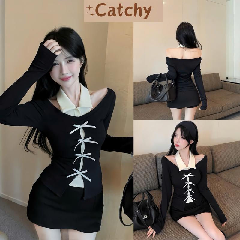Set Áo Kiểu Nữ cổ Sơ Mi Trễ Vai Tay Dài Đính Nơ Chất Thun Gân Phối Chân Váy Ngắn Cạp Trễ Ôm Dáng CATCHYstore Set Váy Ôm Nữ Mix Áo Tay Dài Trễ Vai Women Top