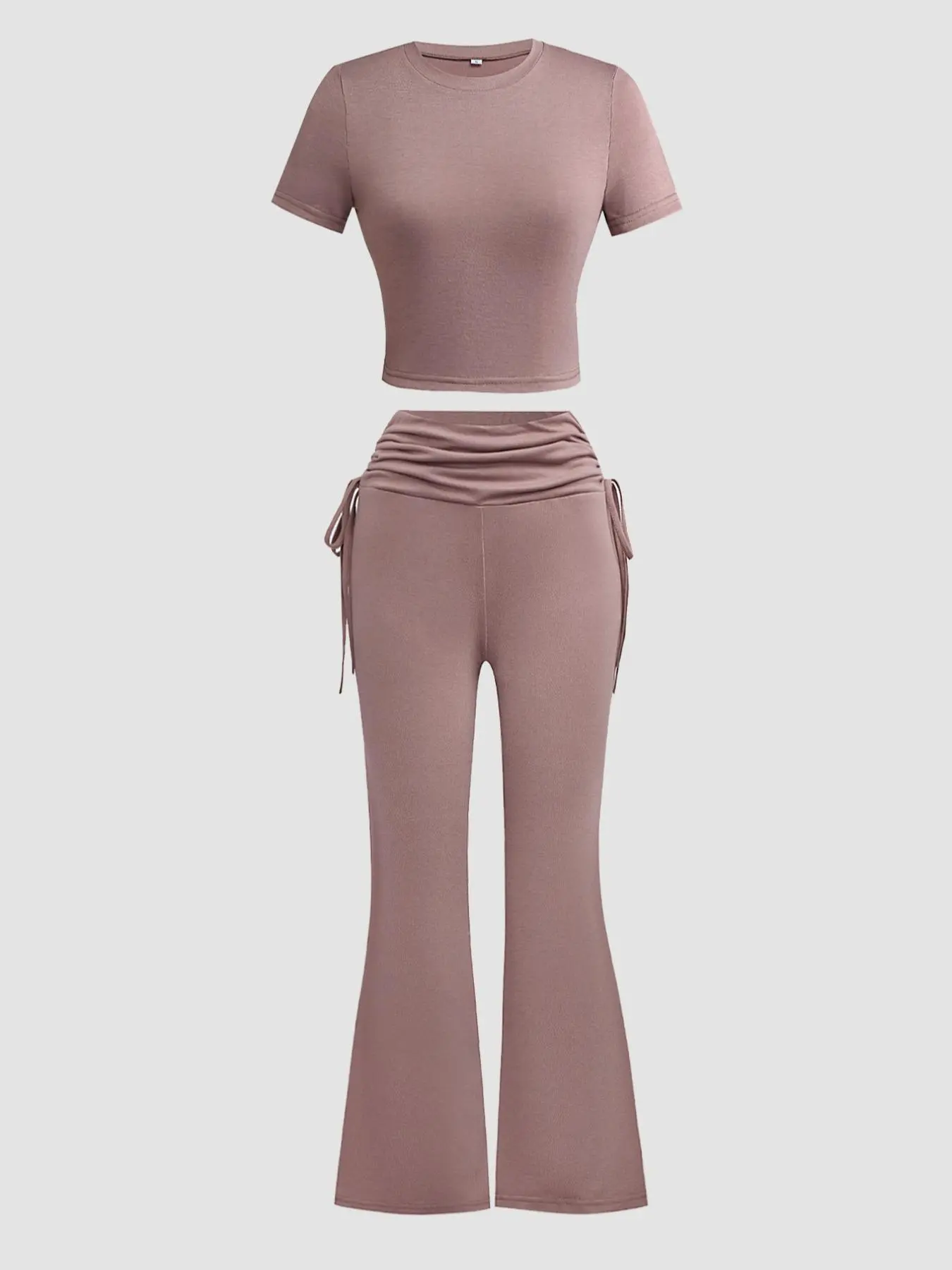 Two-Piece Set Women's Solid Round Neck Tee & Drawstring Waist Pants Set, Casual Short Sleeve T-Shirt & Bell Bottom Trousers Set For Summer, Ladies Clothes For Daily Wear